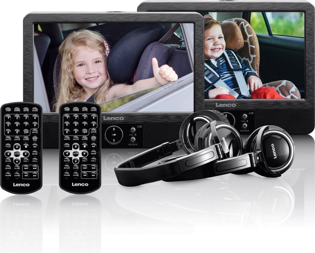 Lenco DVP-939 - 2x9" Portable DVD speler met USB,SD, ingebouwde batterij, 2x hoofdtelefoon en 2x bracket - Zwart •