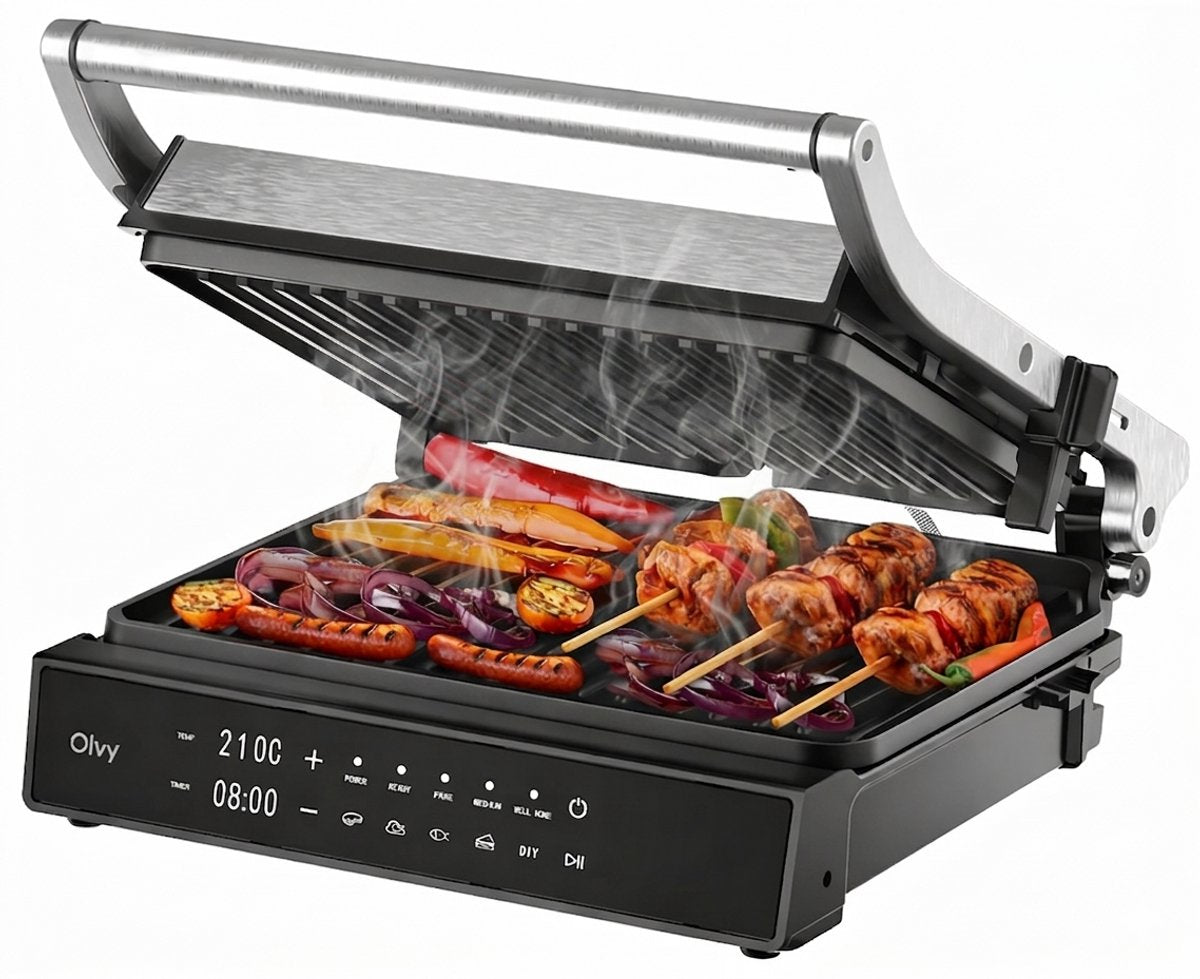 Olvy Contactgrill XL - Uitneembare PFAS-vrije platen - 180º Uitklapbaar - Vaatwasserbestendig - Met Temperatuurregeling - Panini - Croque Monsieur Toestel - Grill Apparaat - Tosti Ijzer - Apparaten