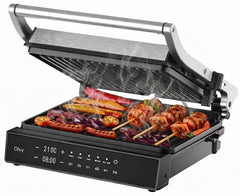Olvy Contactgrill XL - Uitneembare PFAS-vrije platen - 180º Uitklapbaar - Vaatwasserbestendig - Met Temperatuurregeling - Panini - Croque Monsieur Toestel - Grill Apparaat - Tosti Ijzer - Apparaten