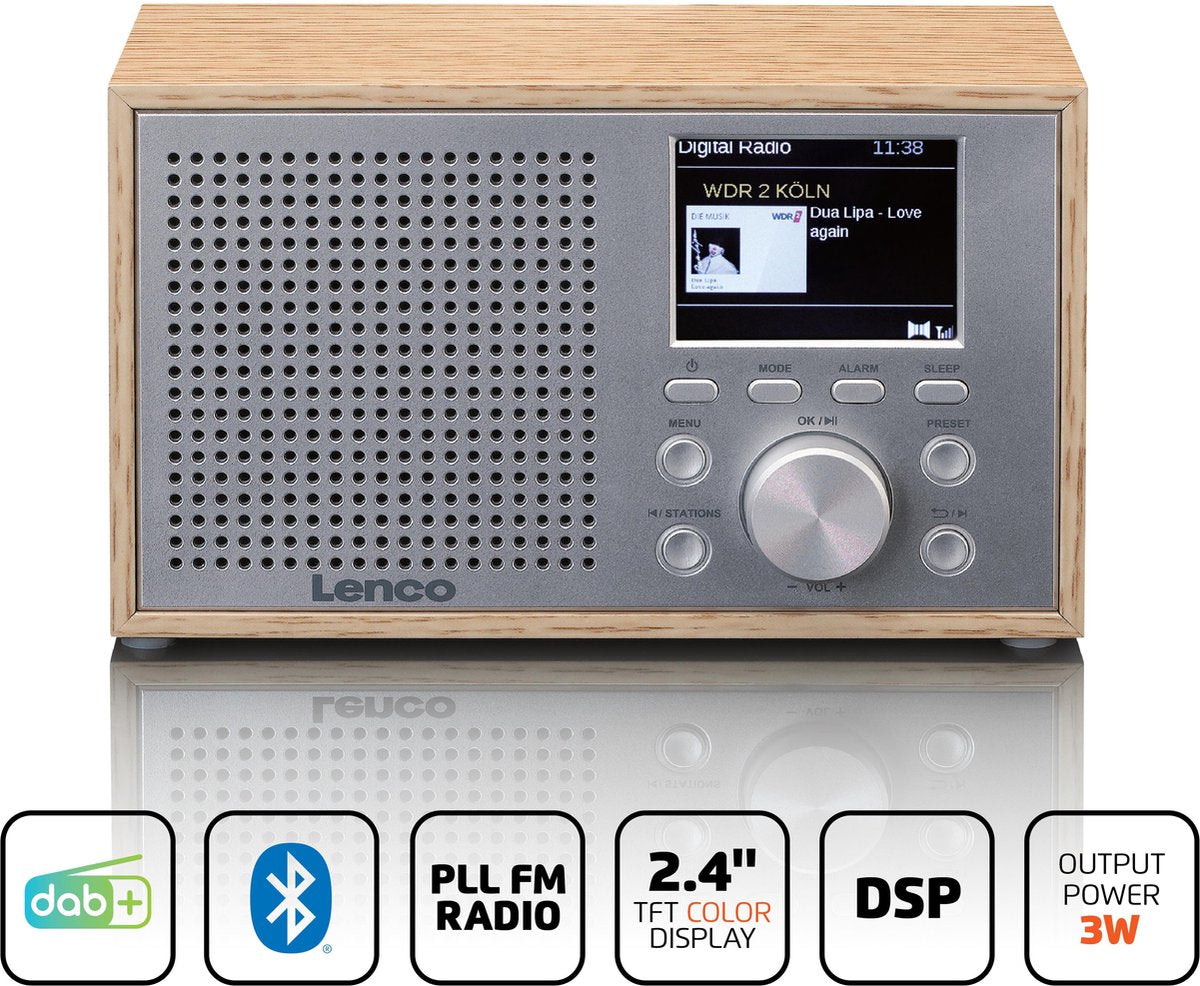 Lenco Radio op Batterijen - Compacte DAB FM Radio - Bluetooth - Houten behuizing - DAR-017WH - Hout