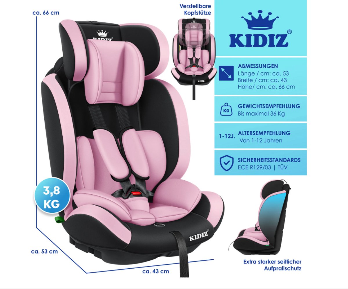 KIDIZ® Autostoeltje - 5-punts veiligheidsgordel - Roze
