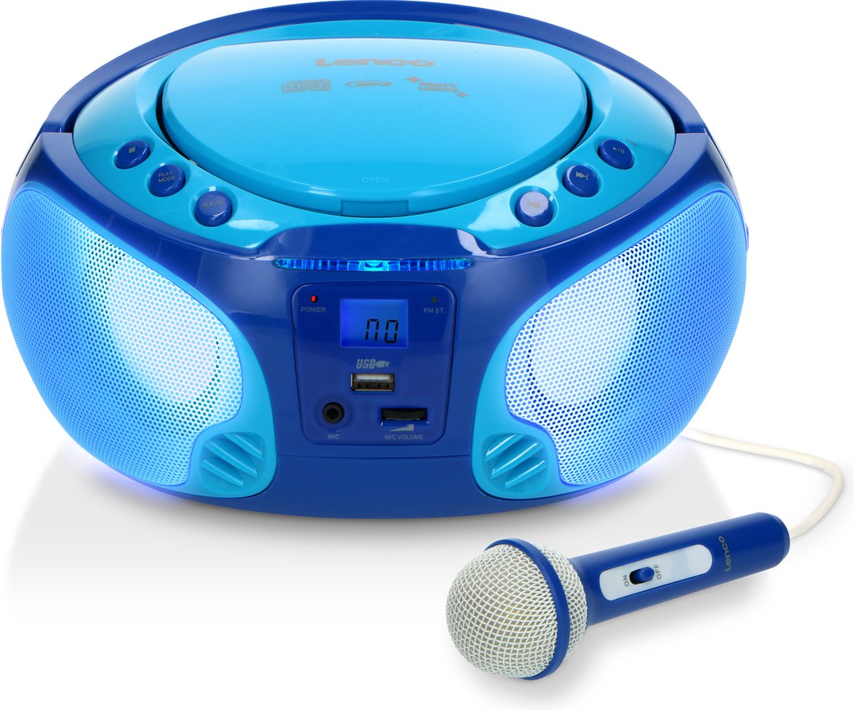 Lenco SCD-650BU - Draagbare radio CD speler met karaokemicrofoon en LED - Blauw •