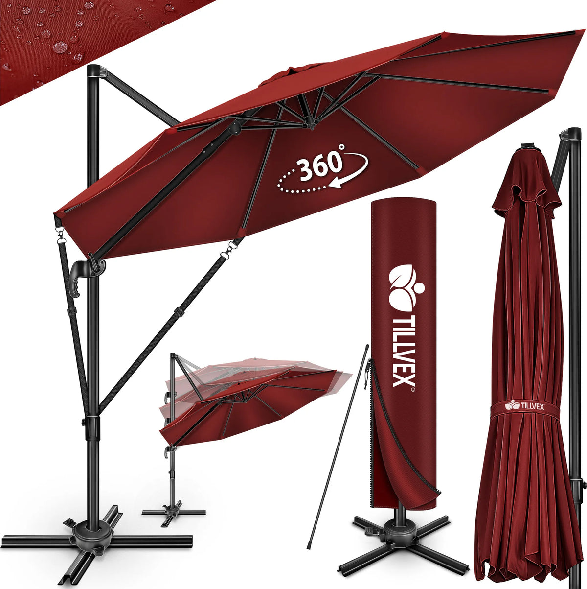 tillvex® Premium Aluminium Parasol Ø300 cm Rood + Hoes & Windbescherming | Zweefparasol, 6-voudig verstelbaar met slinger | Tuinparasol, 360° draaibaar, kantelbaar | Parasol met slinger, UV50+, Groot, Waterdicht