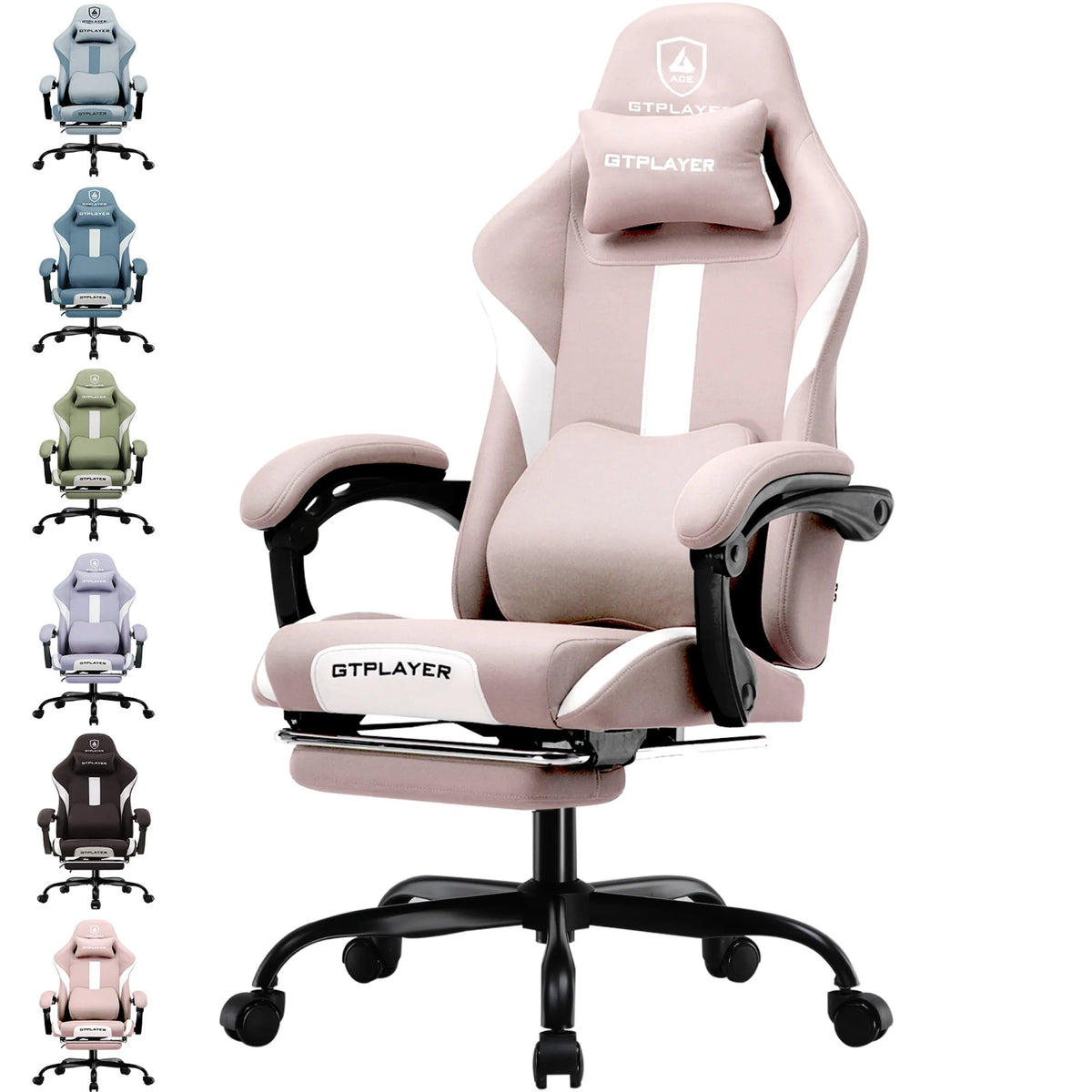 GTPLAYER Gamingstoel, gamerstoel, ademende bureaustoel van hoogwaardige stof, ergonomische pc-stoel, verstelbare en draaibare bureaustoel met voetensteun, roze