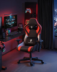 Dowinx LS-66D97A Gamingstoel, Hoofdsteun met geheugenfunctie, Zitting van 56 cm breed, 4D-armleuningen, Hoogwaardig autoleer (PU), 165° kantelbaar, Vergrendelfunctie, Ergonomisch, Hoogwaardig model, Trilfunctie, Zwart/Rood