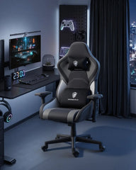 Dowinx LS-66D97A-04 Gamingstoel, Hoofdsteun met geheugenfunctie, Zitting van 56 cm breed, 4D-armleuningen, Hoogwaardig autoleer (PU), 165° kantelbaar, Vergrendelfunctie, Ergonomisch, Hoogwaardig model, Trilfunctie