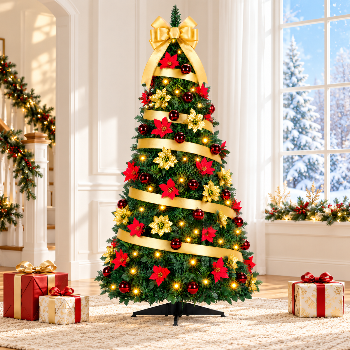 SUGIFT 1,80 m opklapbare kerstboom in potloodvorm, 200 ledlampjes, 8 standen, 100 ornamenten, gouden strik, eenvoudig op te zetten
