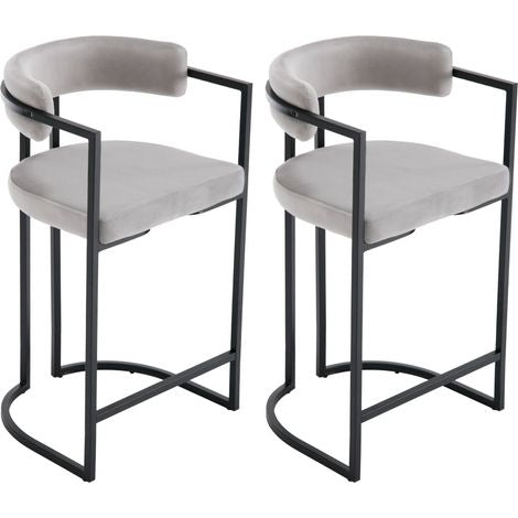 Set van 2 barkrukken, bekleed met fluweel, moderne keukenstoelen voor bar, restaurant, grijs, Wahson