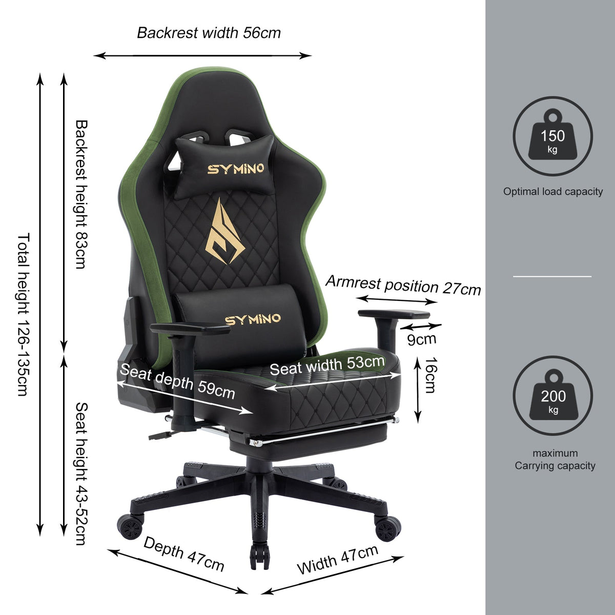 Ergonomische Bureaustoel -  Office Chair - Gamestoel - Volwassenen - Zwart/Groen - SYMINO