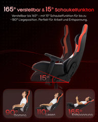 Dowinx LS-66D97A Gamingstoel, Hoofdsteun met geheugenfunctie, Zitting van 56 cm breed, 4D-armleuningen, Hoogwaardig autoleer (PU), 165° kantelbaar, Vergrendelfunctie, Ergonomisch, Hoogwaardig model, Trilfunctie, Zwart/Rood