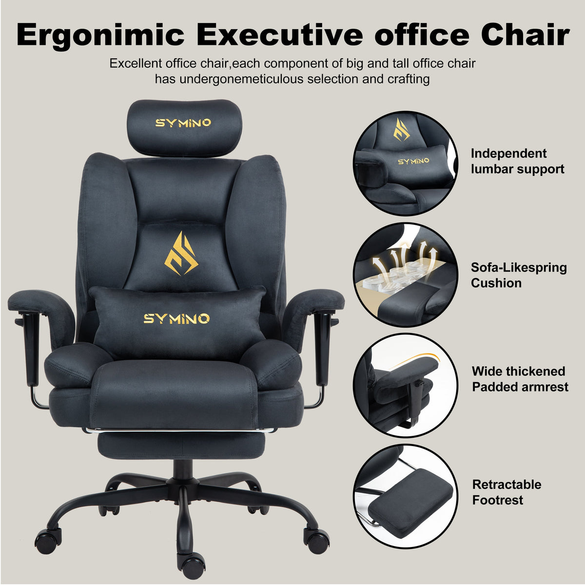 Ergonomische Bureaustoel -  Office Chair - Gamestoel - Volwassenen - Grijs - SYMINO