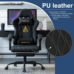 SYMINO ANDYOU-serie gamingstoel met voetensteun - Ergonomische PU-leren computerstoel, zwart