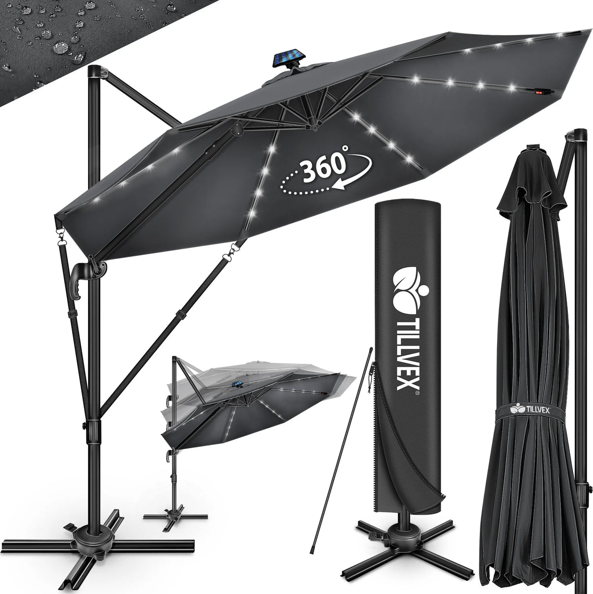 tillvex® Premium Aluminium Parasol Ø300 cm Antraciet + Hoes & Windbescherming | Zweefparasol, 6-voudig verstelbaar met slinger | Tuinparasol, 360° draaibaar, kantelbaar | Parasol met slinger, UV50+, Groot, Waterdicht