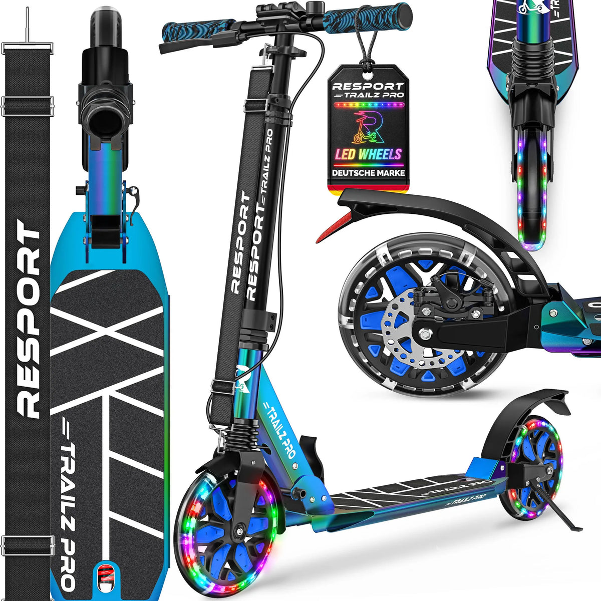RE:SPORT® City Scooter voor kinderen en volwassenen met LED-verlichting, bel en draagriem | Step met handrem en dubbele vering | In hoogte verstelbare en opvouwbare step