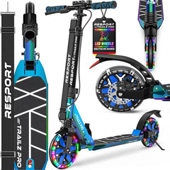 RE:SPORT® City Scooter voor kinderen en volwassenen met LED-verlichting, bel en draagriem | Step met handrem en dubbele vering | In hoogte verstelbare en opvouwbare step
