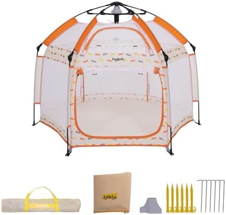 Jovikids Opvouwbare Loopspeeltuin voor Baby met Baldachijn, Pop-up Tent voor Kinderen Outdoor, Grote 6-hoekige Speeltent met Draagtas voor Huis, Tuin, Strand, 150x150x105 cm