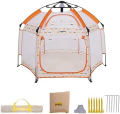 Jovikids Opvouwbare Loopspeeltuin voor Baby met Baldachijn, Pop-up Tent voor Kinderen Outdoor, Grote 6-hoekige Speeltent met Draagtas voor Huis, Tuin, Strand, 150x150x105 cm