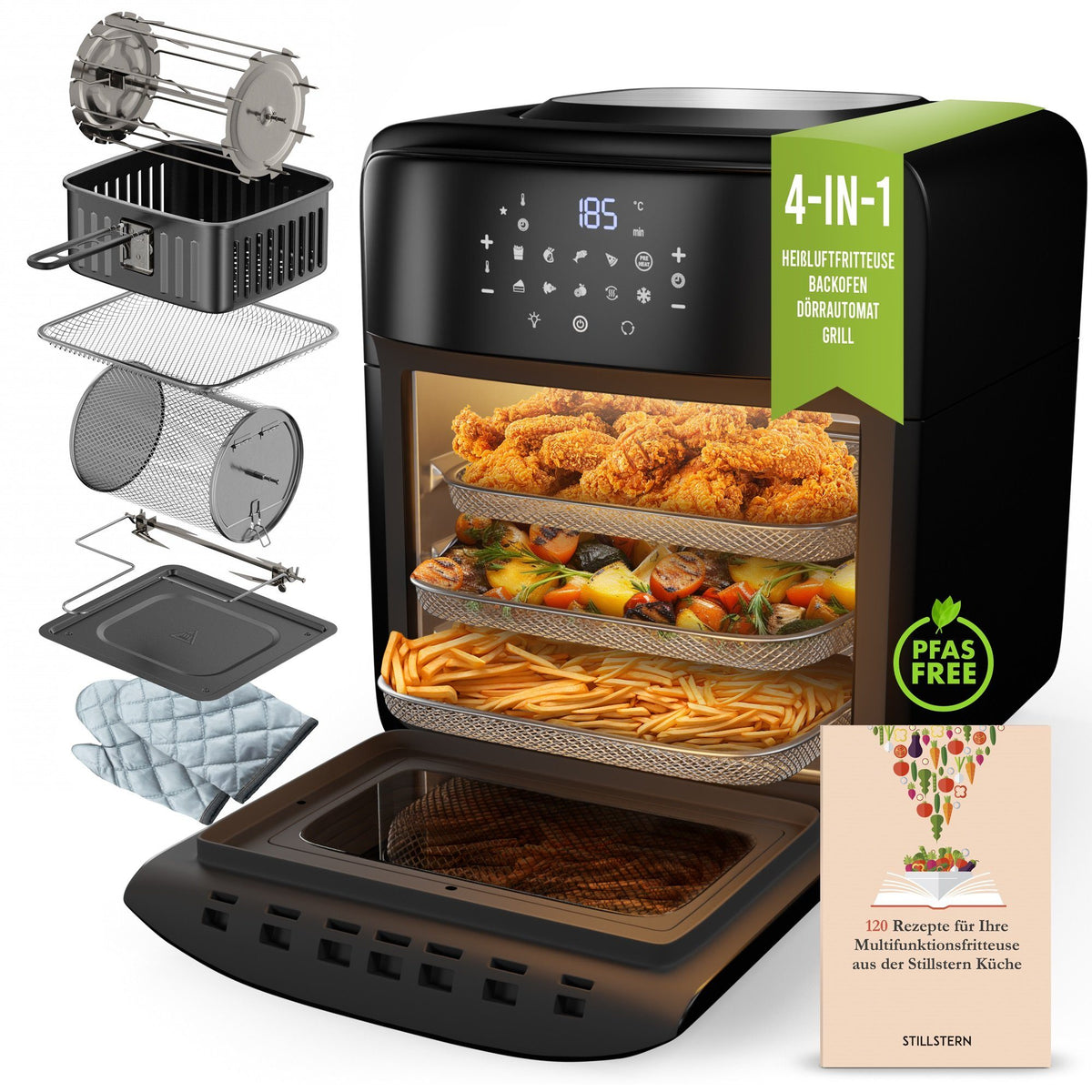 STILLSTERN Airfryer 12L - Mini-oven, automatische deur, grillspit en grillmandje, 1800W