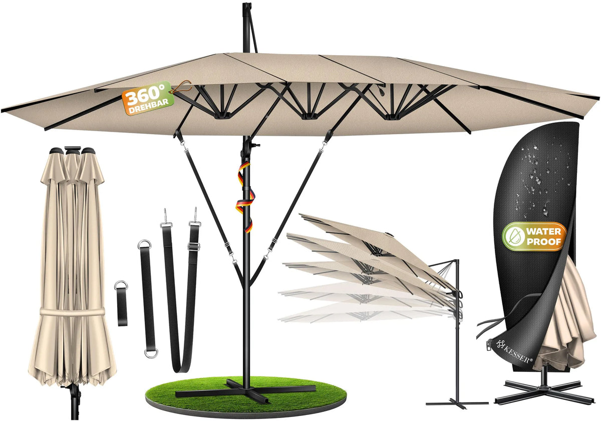 KESSER® Dubbele Parasol 4,6m x 2,7m | Zweefparasol met hoes en windbescherming, slinger en standaard | Waterafstotende aluminium parasol met slinger | Kantelbaar, 360° draaibaar, Beige