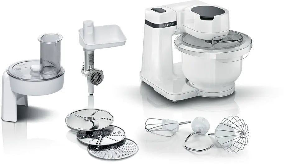 Bosch Keukenmachine serie 2, kleine keukenmachine, 3,8 l kunststof kom, doorloopsnijder, 4 schijven, 4 standen, kneedhaak/garde/klopper, vaatwasmachinebestendig, 700 W, wit