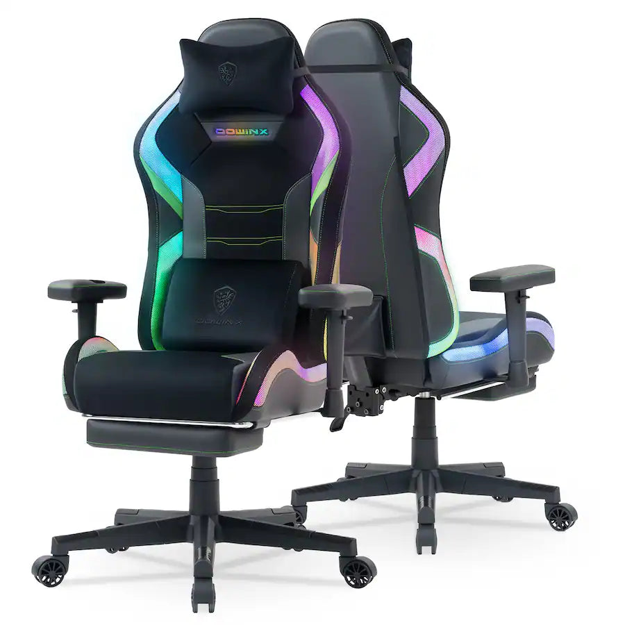 Dowinx - LED-gamingstoel met lendensteun voor lange en grote mensen, 3D-verstelbare armleuningen en hoofdsteun, RGB-gamingstoelstof - Zwart/Groen