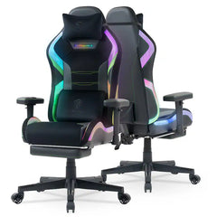 Dowinx - LED-gamingstoel met lendensteun voor lange en grote mensen, 3D-verstelbare armleuningen en hoofdsteun, RGB-gamingstoelstof - Zwart/Groen