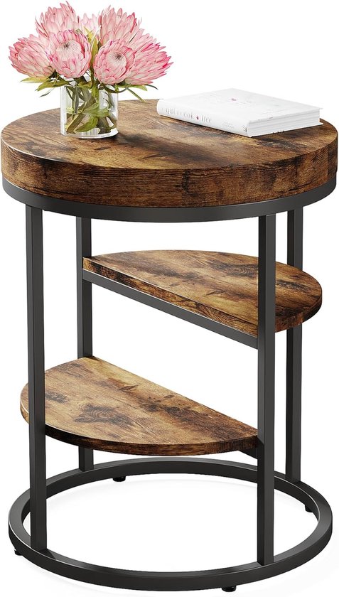 TRIBESIGNS - Bijzettafel Ronde - Vintage - Industrieel Design - Nachtkastje met 3 Planken - Bruin - Diameter 50 cm