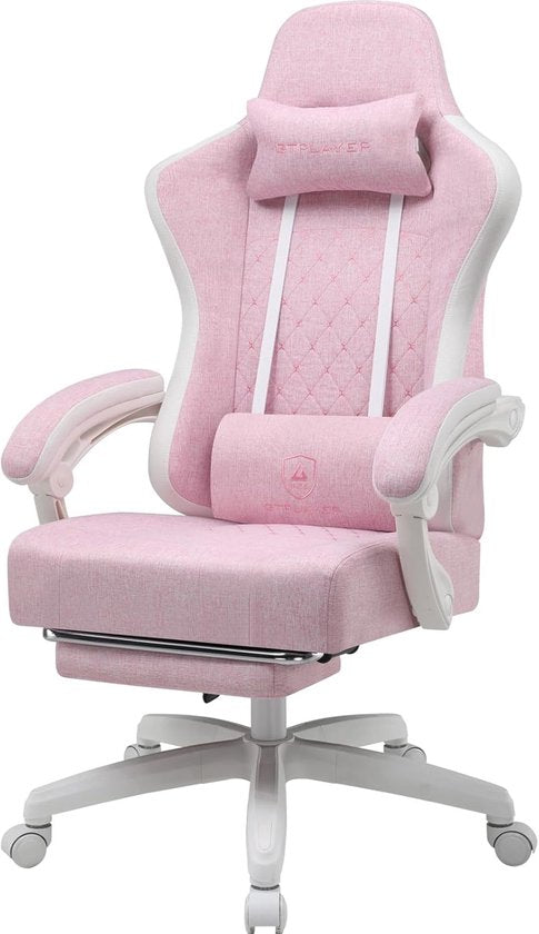 GTPLAYER - Gamingstoel Ergonomisch - Met Veerzitkussen en Voetensteun - Roze-wit