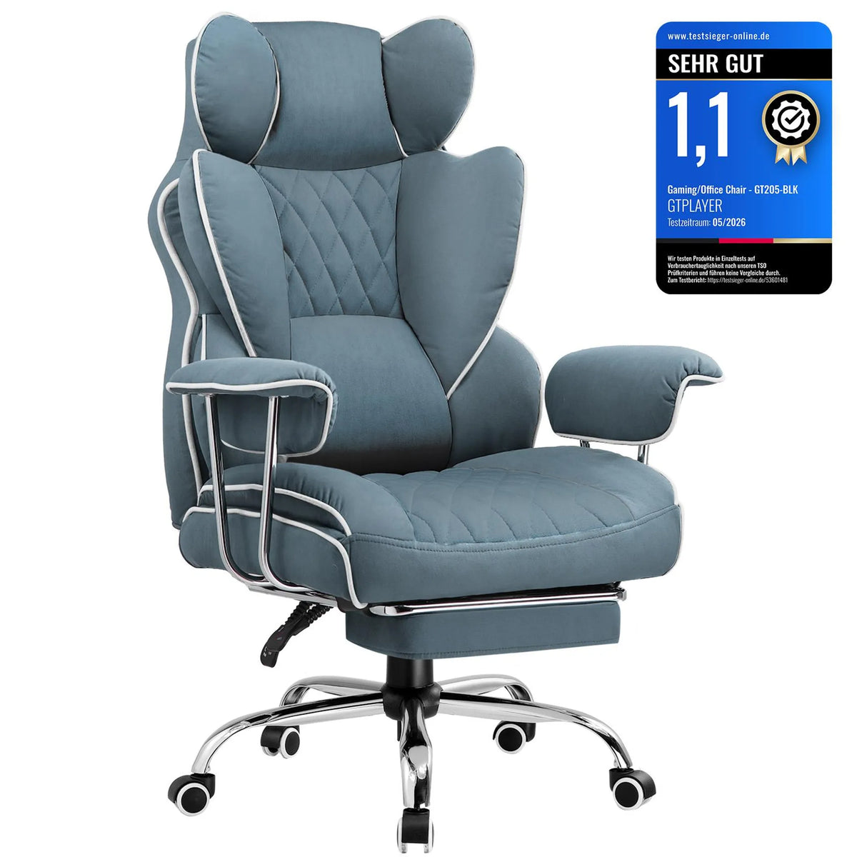 GTPLAYER Gamingstoel, Ergonomische Bureaustoel met Voetsteun, Verstelbare Lenden- en Hoofdsteun, Gevoerde Gamingstoel, Gaming Armstoel, Licht BLauw