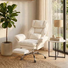 UEV Ergonomische bureaustoel met inklapbare voetensteun, beige, mesh bekleding, draagvermogen tot 226 kg, kantelbaar tot 150°
