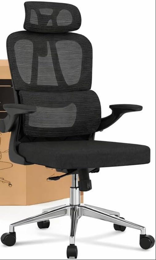 FLEXISPOT OC3 Lite bureaustoel, ergonomische draaibare bureaustoel met mesh bekleding, hoogteverstelling, 2D-armleuningen en onafhankelijke C-vormige lendensteun, ademend mesh, zwart