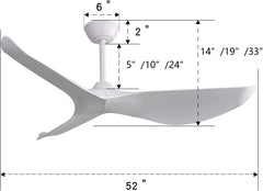 Sofucor Plafondventilator 132cm, met 3 ABS-bladen, zonder verlichting, inclusief afstandsbediening, ultrastille, omkeerbare DC-motor, 6 snelheden voor binnen en buiten, witte verlengstang en natuurlijke kleur (wit).