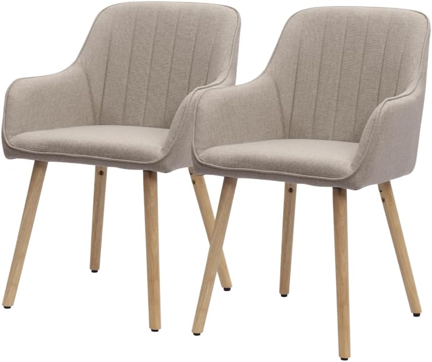 HMLuxury 2 eetkamerstoelen met armleuningen, stoffen bekleding en massief houten poten in lichtbeige/bruin – Ergonomische stoelen voor de eetkamer, kantoor of woonkamer, snel te monteren