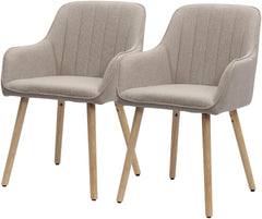 HMLuxury 2 eetkamerstoelen met armleuningen, stoffen bekleding en massief houten poten in lichtbeige/bruin – Ergonomische stoelen voor de eetkamer, kantoor of woonkamer, snel te monteren