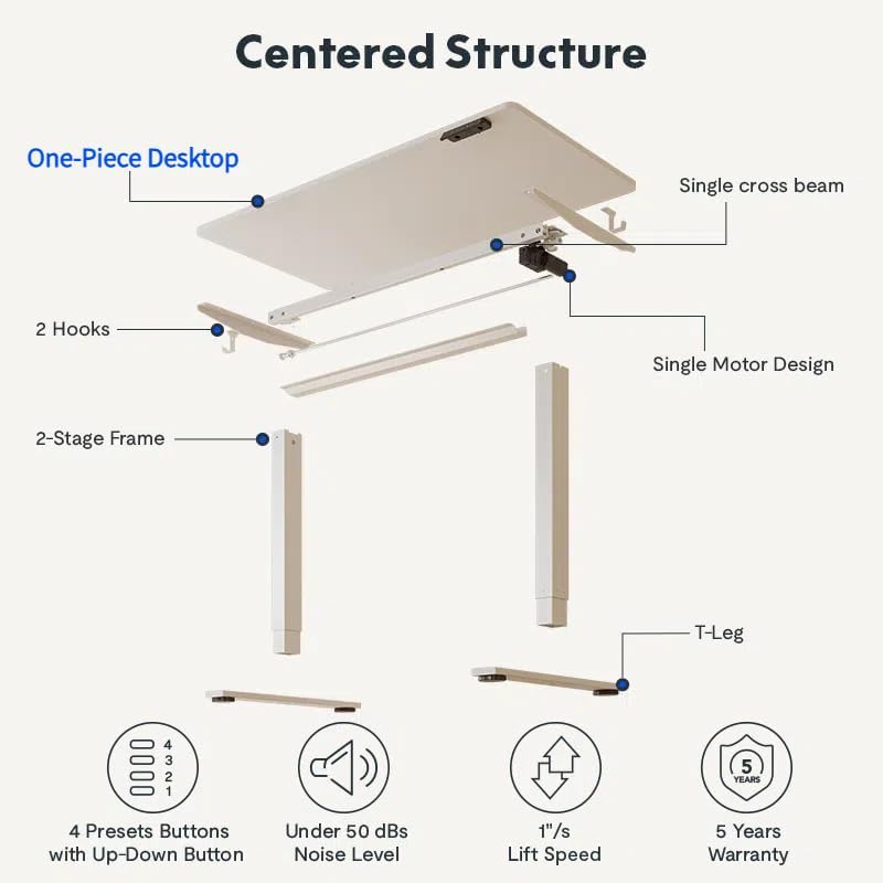 FLEXISPOT ONE PIECE elektrisch sta-bureau, in hoogte verstelbaar, sta-bureau, zit-sta bureau, verstelbaar bureau, sta-bureau voor thuiskantoor (100 x 60 cm, wit frame + esdoornbureaublad)