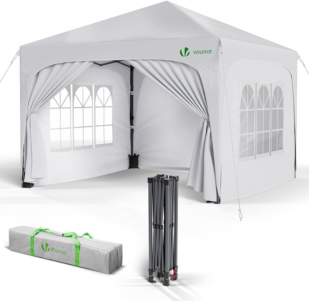 VOUNOT Paviljoen 3x3m met 4 zijdelen & 4 zandzakken, pop-up vouwpaviljoen, waterdicht, opvouwbare tuintent, partytent, incl. tas, wit