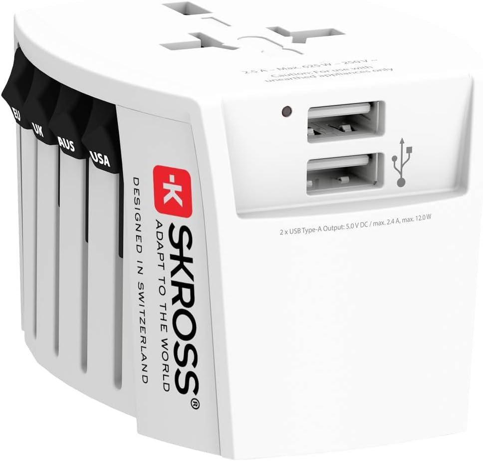 SKROSS | 1.302960 | MUV USB (2xA) | Universele 2-polige reisadapter - Compleet met 2 USB-laadaansluitingen. Spanning en vermogen: 100 V - 250 W / 250 V - 625 W. Anti-stroomstootbeveiliging