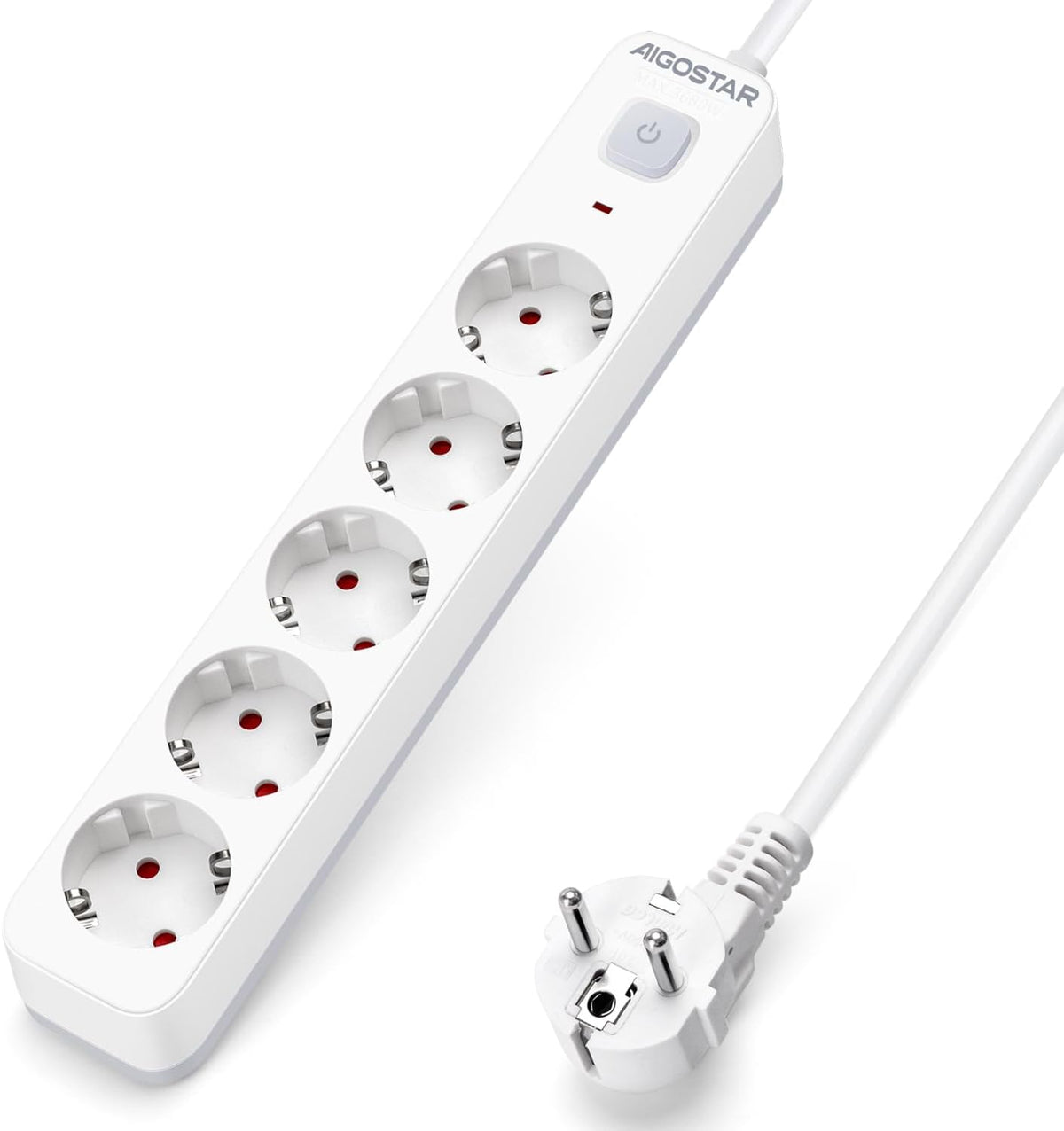 Aigostar Stekkerdoos, stekkerdoos met 5 stopcontacten met schakelaar, 5 m kabel, wit