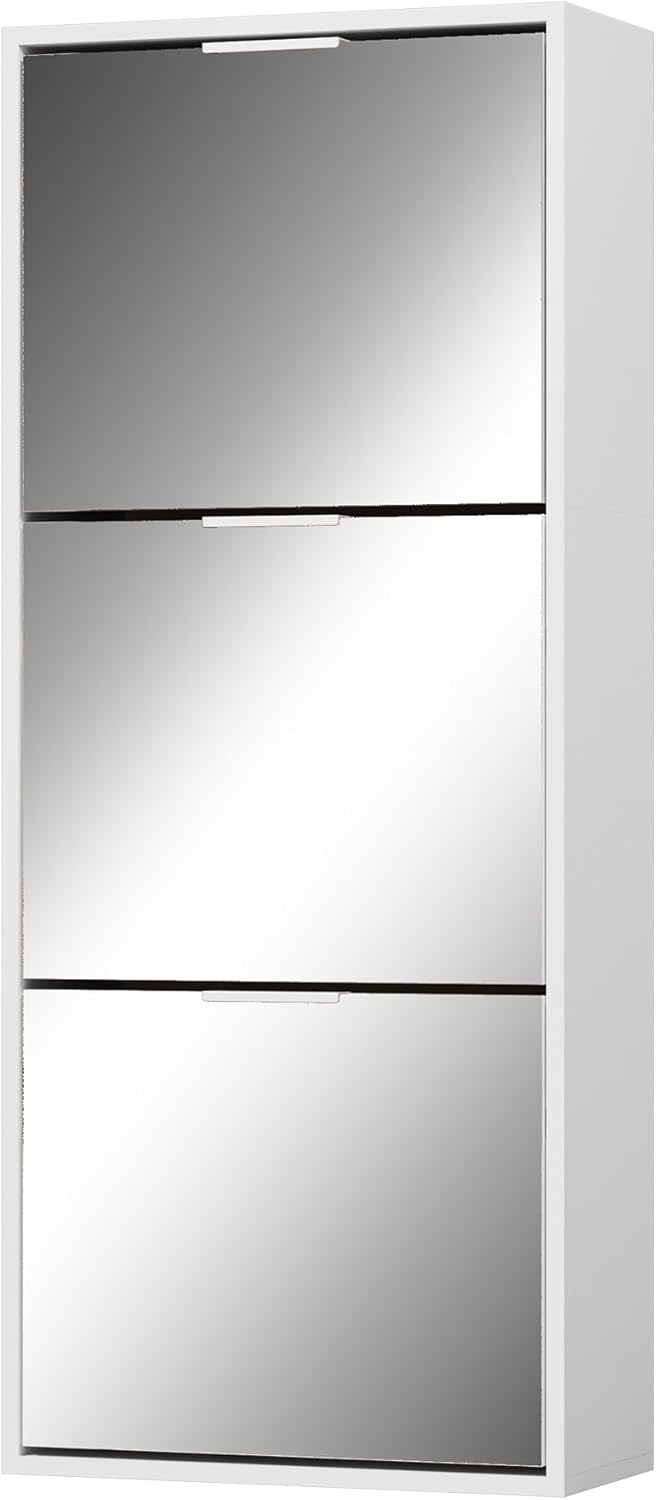 UEV Schoenenkast met 3 spiegeldeuren, smal hout, schoenenkast met kantelbeveiliging, schoenenrek, hal, verstelbare scheidingswanden voor verschillende soorten schoenen, wit •