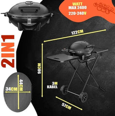 Kesser Tafelbarbecue, elektrisch, 2-in-1, met deksel en voet, max. 2400 watt, inklapbaar, thermometer, antiaanbaklaag, grillplaat en tafelblad, 2 wielen, zwart, zwart