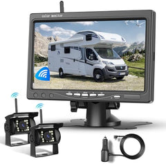 1080P HD draadloze achteruitrijcameraset, 7 inch LCD-monitor met 2 achteruitrijcamera's voor aanhangers, campers, vrachtwagens, auto's en bussen, doe-het-zelfrichtlijnen, IP68 waterdicht, nachtzicht, BSD, 12-36 V (A4008)