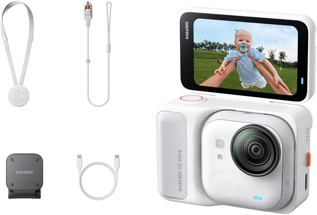 Insta360 GO Ultra Standard Bundle Arctisch Wit - Kleine 4K-camera, handsfree, lichtgewicht en draagbaar, lage helderheid, overal te monteren, FlowState-stabilisatie, 200 minuten batterijduur