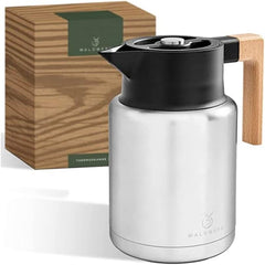 WALDWERK Thermoskan (1,4 L) - koffiepot van dubbelwandig 304 roestvrij staal met elegant houten handvat - isoleerkan met druppelvrije schenktuit - thermoskan •