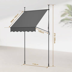 Klemluifel met handslinger, 150 cm, bereid, handmatig in hoogte verstelbaar, balkonluifel zonder boren, uv-bescherming, zonwering, waterdicht, voor buiten, terras, balkon, tuin, antraciet