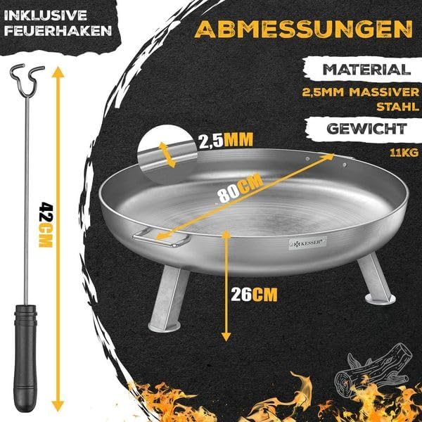 KESSER® Vuurschaal, 2,5 mm staaldikte, vuurkorf Ø 80 cm, roestvrij staal, vuurton + 42 cm vuurhaak, gietijzeren waterafvoer en 2 stabiele handgrepen, hout en kolen, haard voor kampvuur, tuin en terras