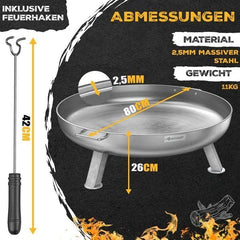 KESSER® Vuurschaal, 2,5 mm staaldikte, vuurkorf Ø 80 cm, roestvrij staal, vuurton + 42 cm vuurhaak, gietijzeren waterafvoer en 2 stabiele handgrepen, hout en kolen, haard voor kampvuur, tuin en terras