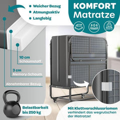 KESSER® Opklapbed, logeerbed, inclusief matras van traagschuim & wieltjes, opvouwbaar reisbed met metalen frame, belastbaar tot 250 kg, metalen bed met schuimrubberen matras & cover, anthrazit