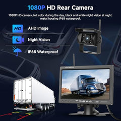 1080P HD draadloze achteruitrijcameraset, 7 inch LCD-monitor met 2 achteruitrijcamera's voor aanhangers, campers, vrachtwagens, auto's en bussen, doe-het-zelfrichtlijnen, IP68 waterdicht, nachtzicht, BSD, 12-36 V (A4008)
