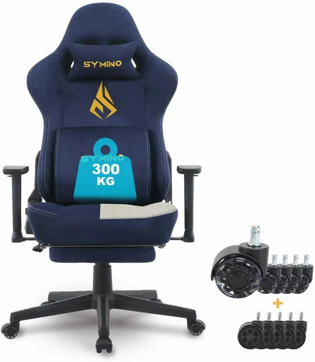Symino Gamingstoel met latex zitkussen, 300 kg belastbaarheid, ergonomische pc-stoel met traagschuim, lendensteun en hoofdsteun, ademende bureaustoel van imitatie suède, donkerblauw