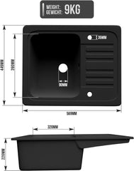 Aquamarin® Spoelbak - graniet, set, 76x46 cm/57x45cm, afvoergarnituur, kraan, afdruipvlak, rechthoekig, kleurkeuze - inbouwspoelbak, composietspoelbak, keukenspoelbak (zwart, model 2: 57 x 45 cm)